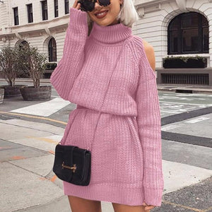 Turtleneck Knit Sweater Dress with Cold Shoulders