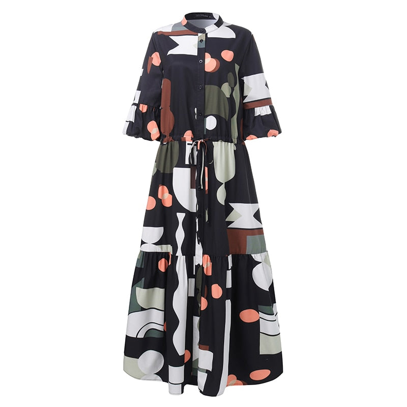 Elegant Geometric Printed Flare Sleeve Maxi Dress