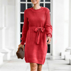 Cable Knit High Waist Sweater Dress with Belt