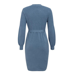 Cable Knit High Waist Sweater Dress with Belt