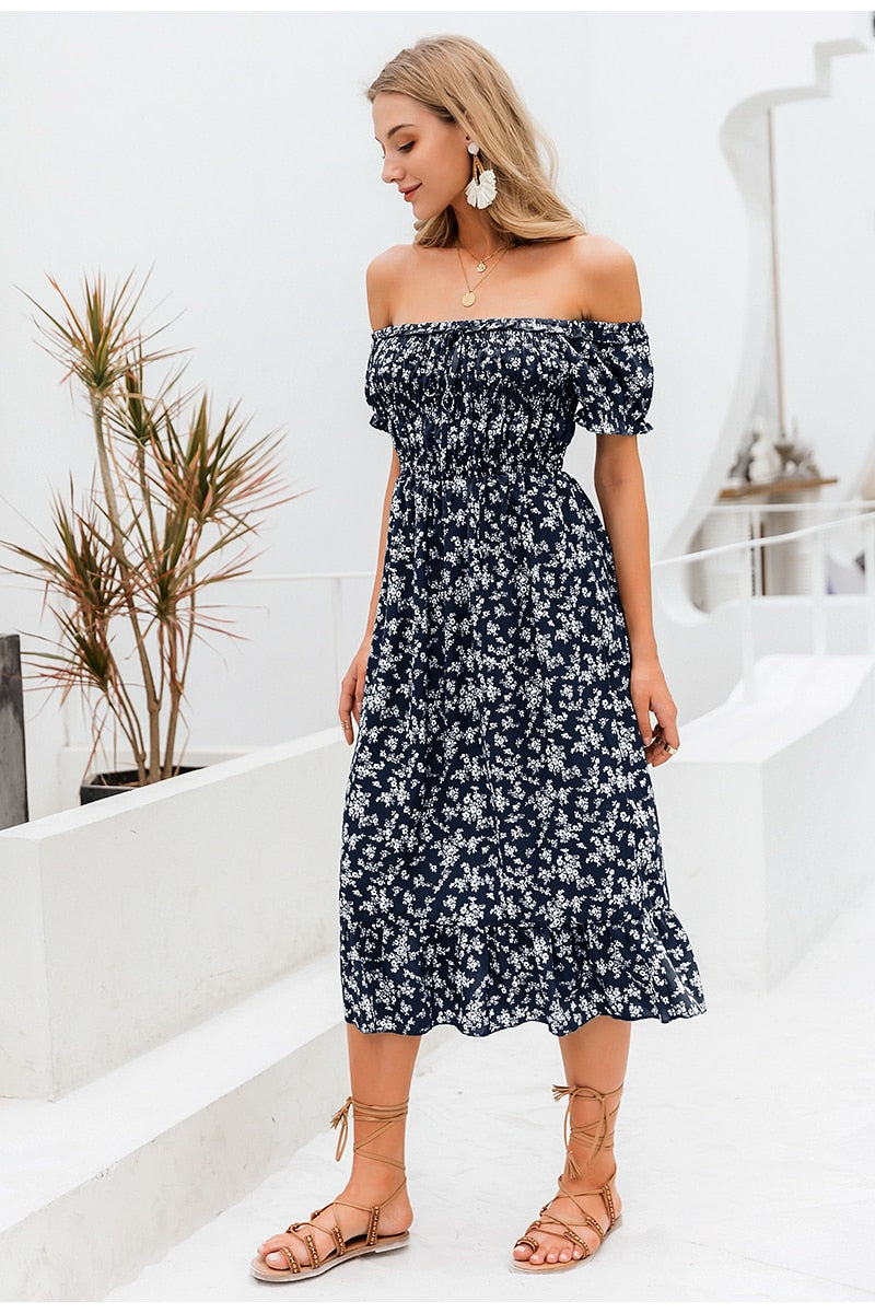 Boho Off Shoulder Floral Print Dress with Puff Sleeves