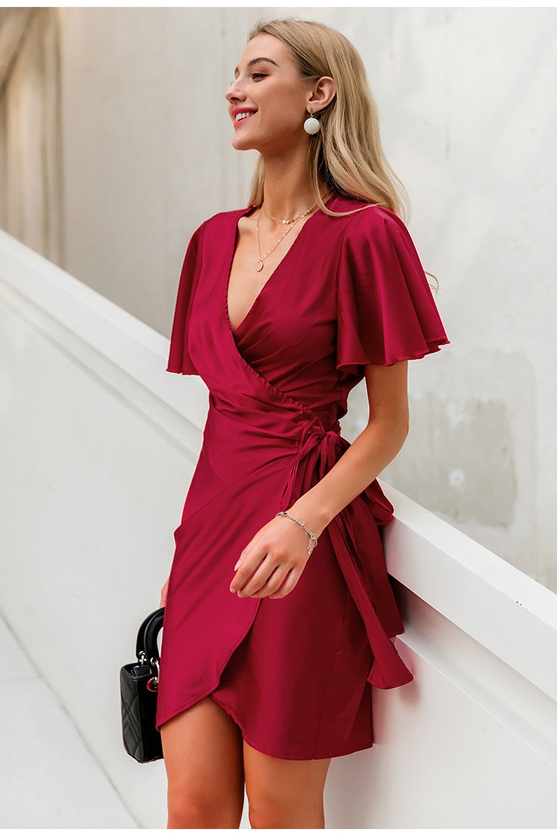 Red Ruffle Wrap Dress with Sash