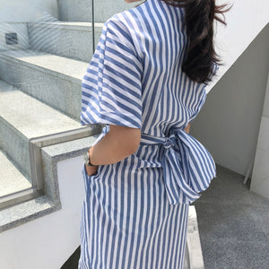 Blue Striped Slit Long Dress with Sash Bow