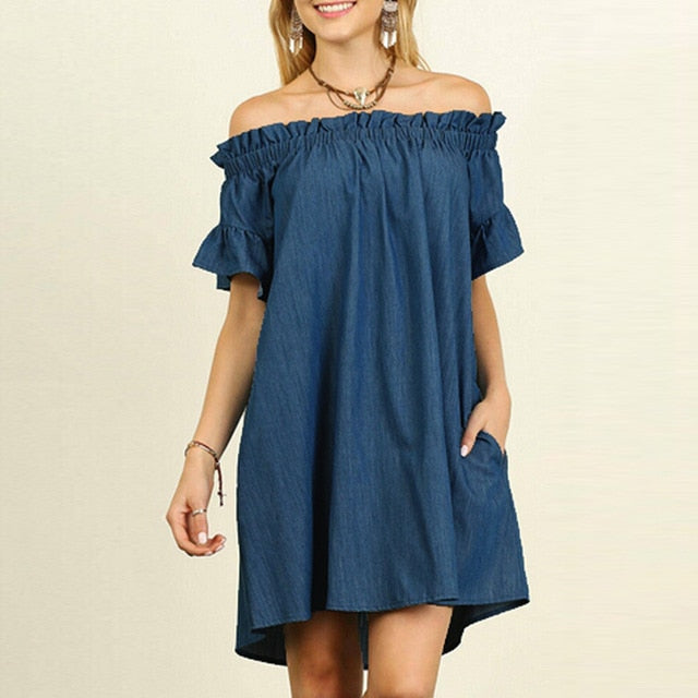 Summer Vintage Off the Shoulder Denim Dress