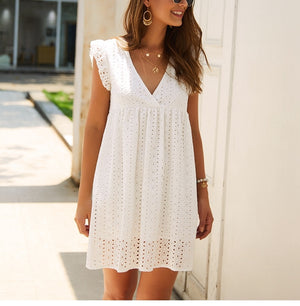 Solid Hollow Out Lace Mini Dress with Butterfly Sleeves
