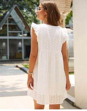 Solid Hollow Out Lace Mini Dress with Butterfly Sleeves