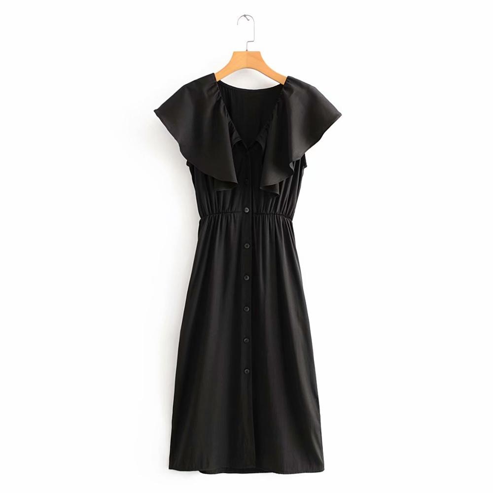 Fashion V-Neck Ruffles Black Dress with Buttons