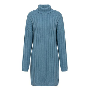 Elegant Knitted Turtleneck Blue Sweater Dress