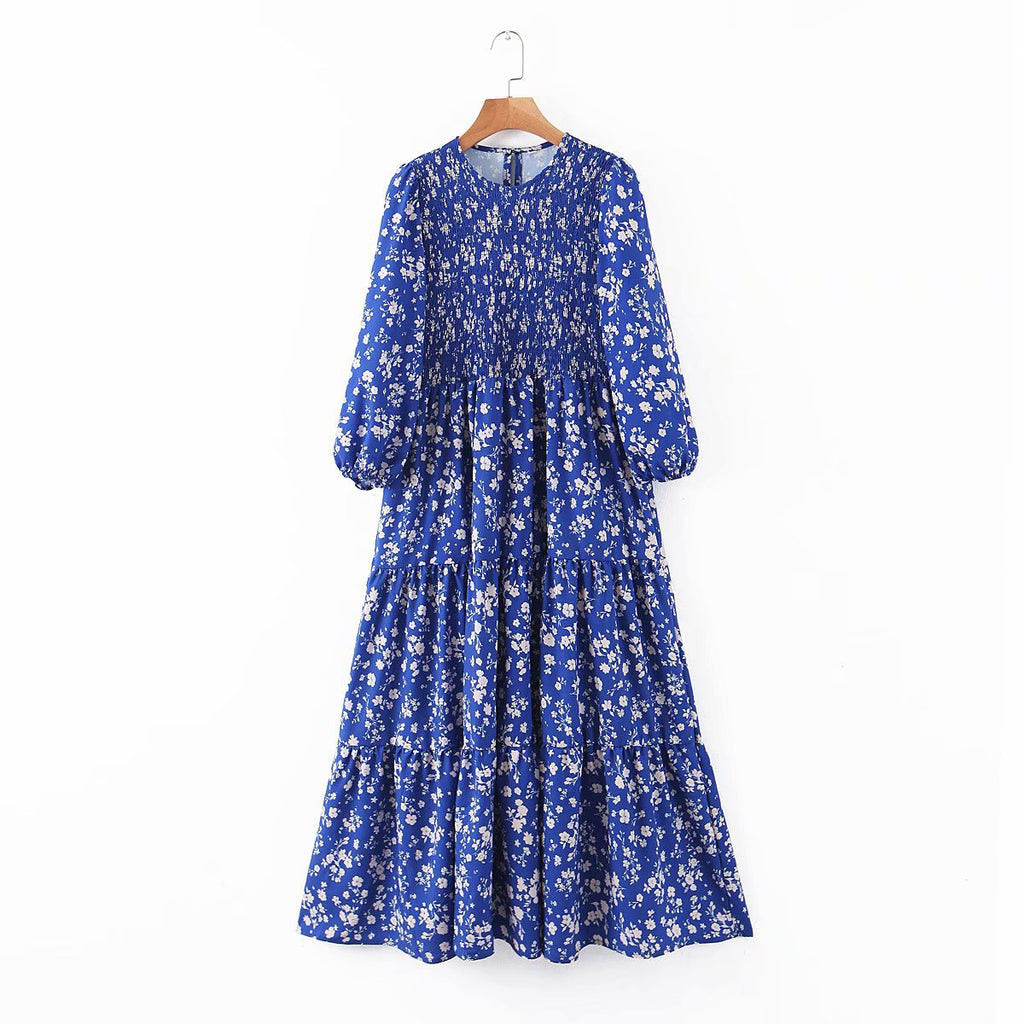 Summer Blue Floral Printed Dress with Puff 3/4 Sleeves