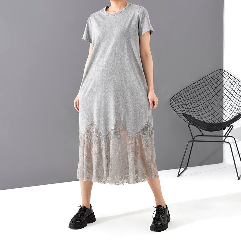 Gray Hem Lace Split Temperament Midi Dress