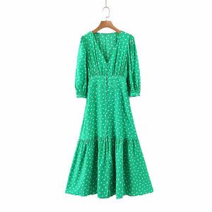 Green Elegant V-Neck Polka Dot Print Dress