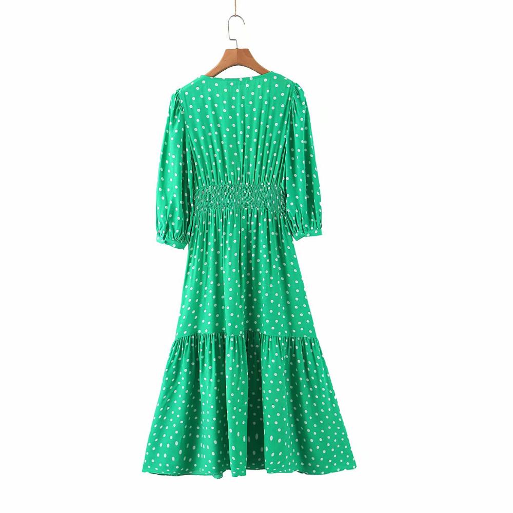 Green Elegant V-Neck Polka Dot Print Dress