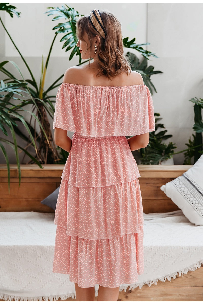 Dotted Off The Shoulder Ruffle Tiered Summer Dress