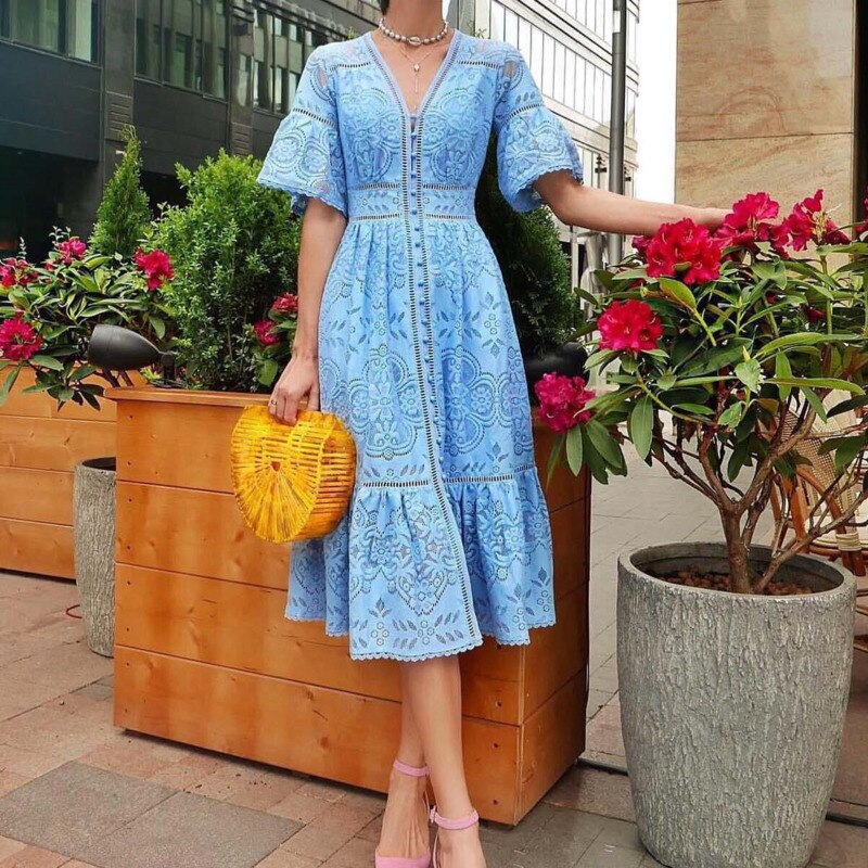 Boho Ruffled Lace Midi Dress with Flare Sleeves