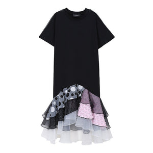 Black Dot Printed Mesh Ruffles Dress with Pink & White Accents