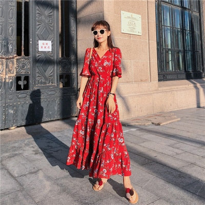 Summer Floral Print Maxi Red Dress