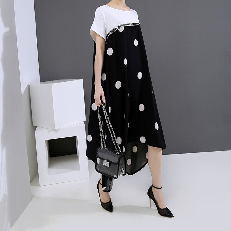 Black Dot Printed Joint Oversized Dress with Asymmetrical Hemline