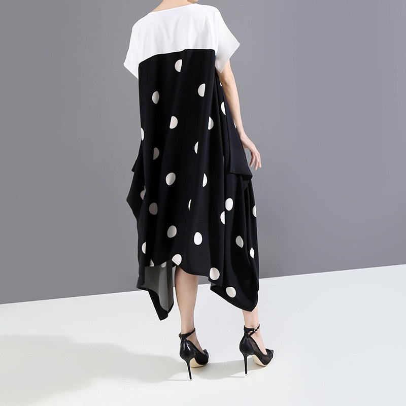 Black Dot Printed Joint Oversized Dress with Asymmetrical Hemline