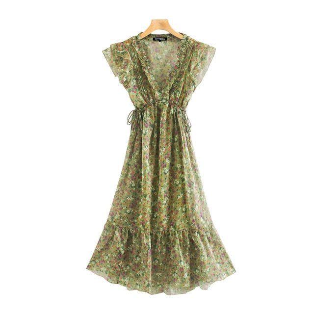 Green Chic Floral Print Ruffled Midi Dress