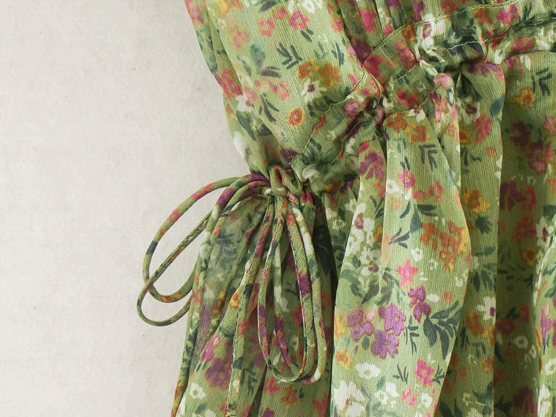 Green Chic Floral Print Ruffled Midi Dress