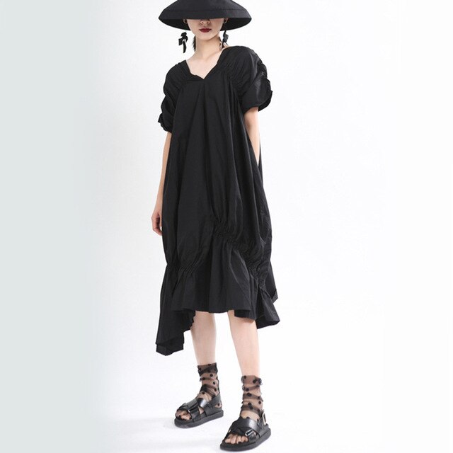 Black Pleated Asymmetrical Dress