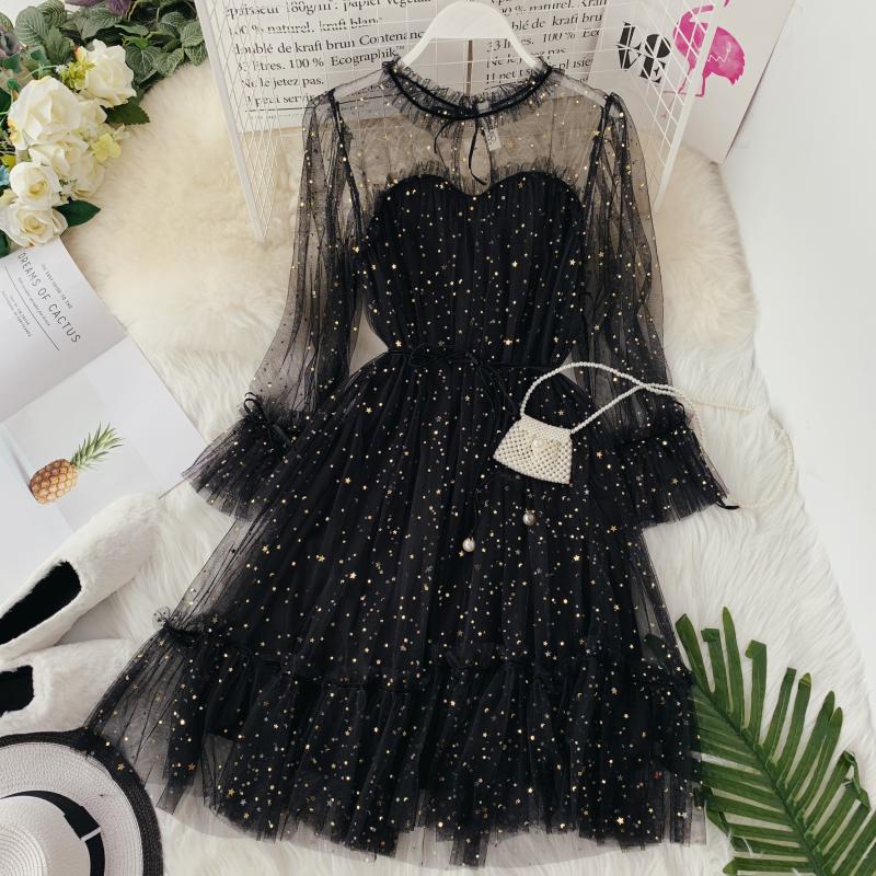 Star Sequin Mesh Flare Sleeve Dress