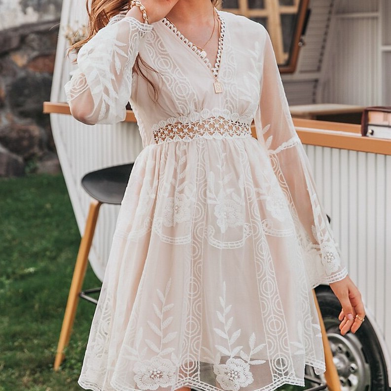 Boho V-Neck Ruffle Summer Dress in Cream