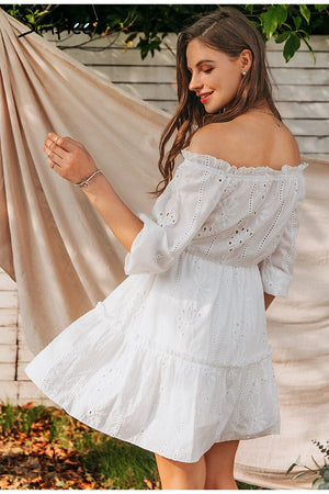 White Off Shoulder Ruffle Lace Dress