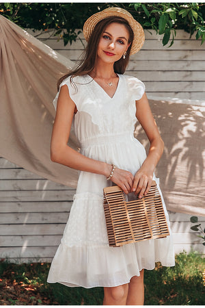 Elegant V-Neck Ruffle White Summer Dress