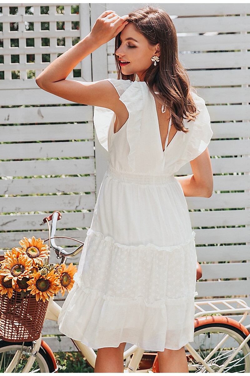 Elegant V-Neck Ruffle White Summer Dress