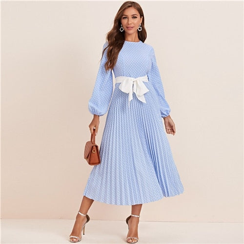 Lantern Sleeve Polka Dot Pleated Dress With Belt