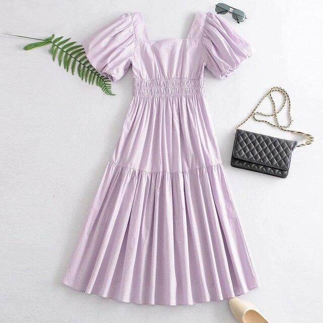 Lilac Cotton Pleated Midi Dress