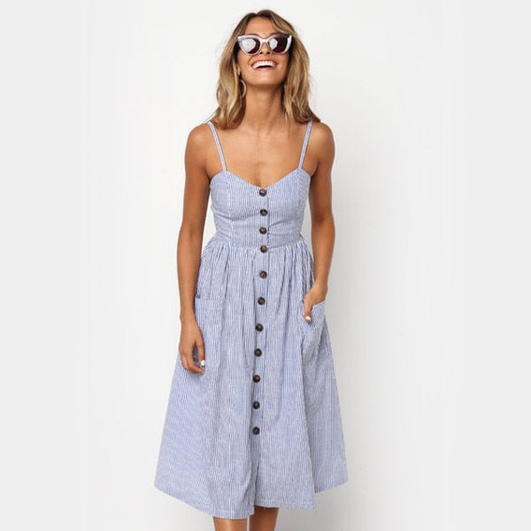 Summer Vintage Buttoned Sleeveless Midi Dress