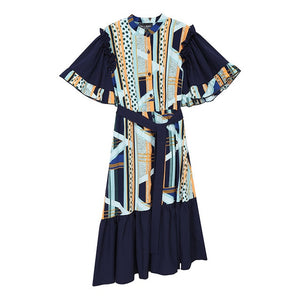 Blue Pattern Printed Split Dress