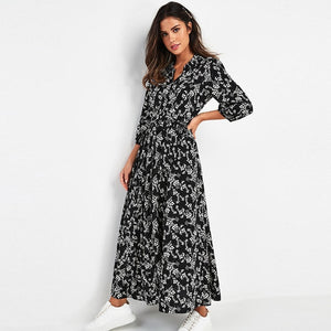 Vintage Boho Floral Print Maxi Dress with 3/4 sleeves