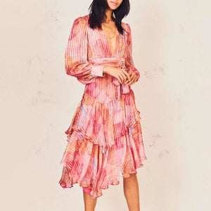 Asymmetrical Print Dress With Lantern Long Sleeves