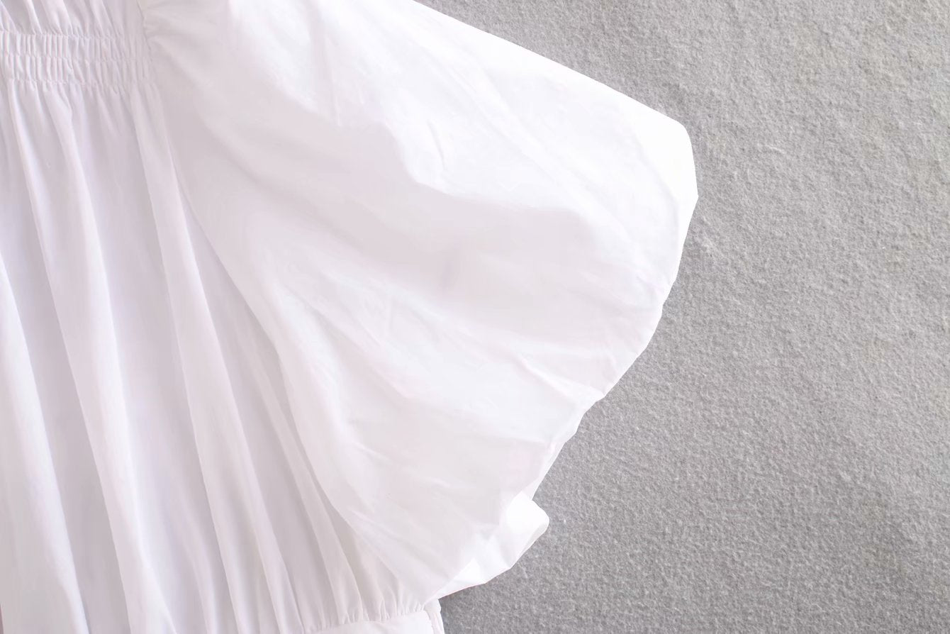 White Bubble Sleeve A-line Dress