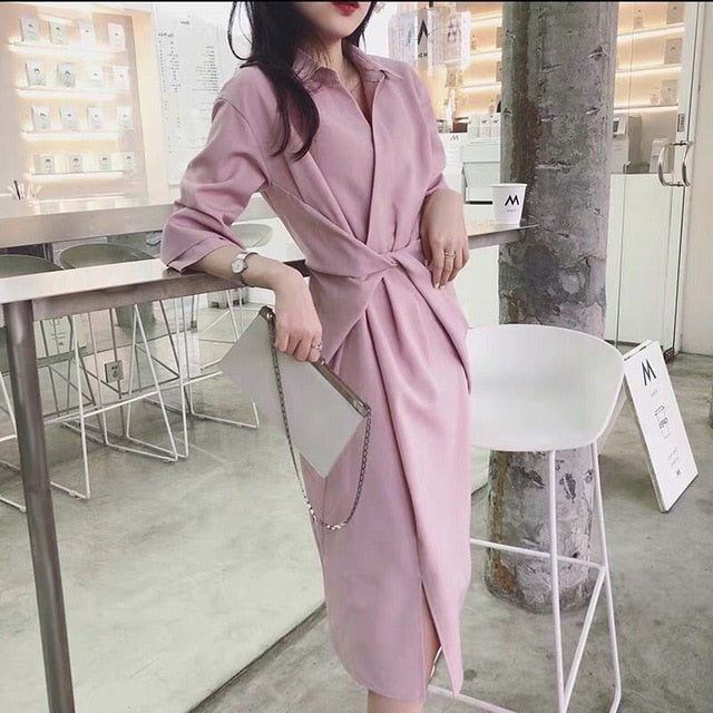 Elegant Half Sleeve Shirtdress with Twisted Waist