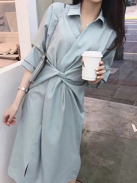 Elegant Half Sleeve Shirtdress with Twisted Waist
