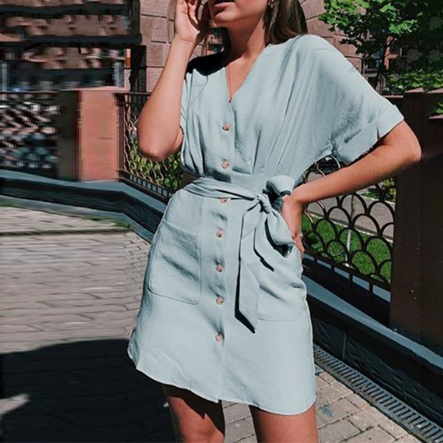Casual  Button Summer Dress With Sash Belt