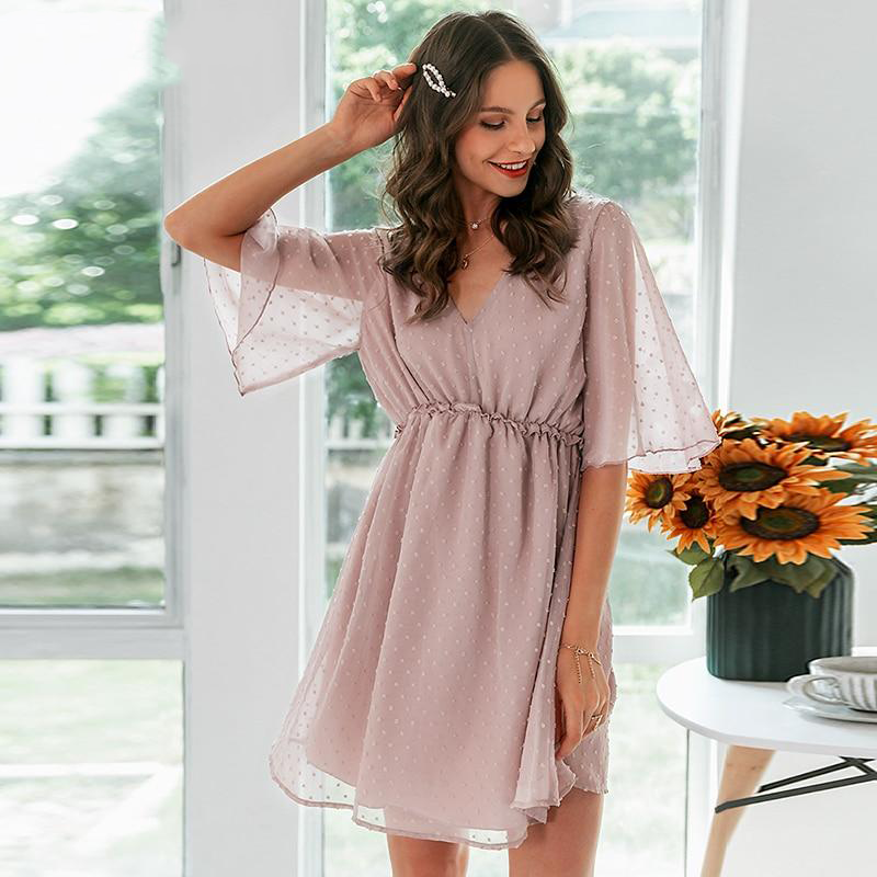Pink V-Neck Ruffle Dotted Backless Dress