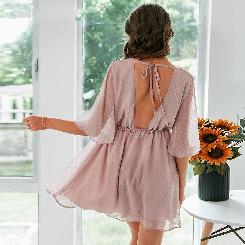 Pink V-Neck Ruffle Dotted Backless Dress