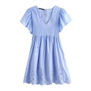 Floral Embroidery Short Sleeve Dress with Ruffles