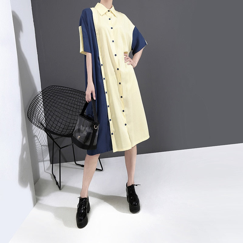 Yellow Contrast Color Oversized Shirtdress