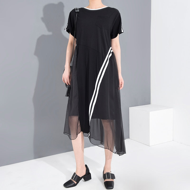 Black Mesh Striped Split Oversized Dress