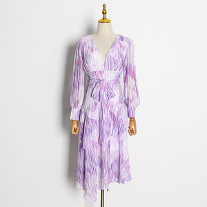 Asymmetrical Print Dress With Lantern Long Sleeves