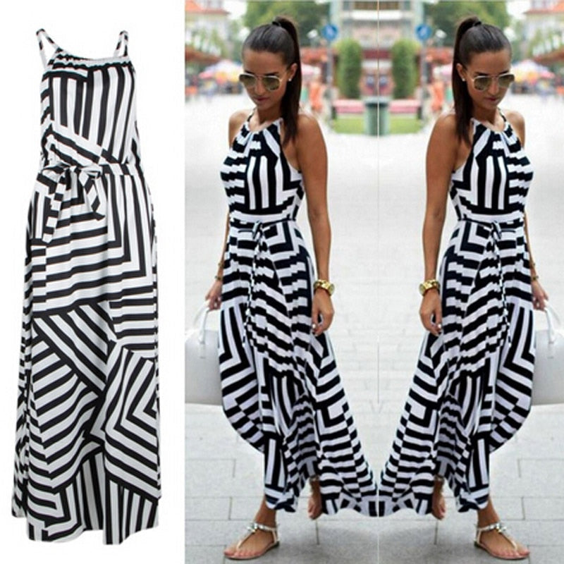 Summer Black & White Geometric Striped Maxi Dress