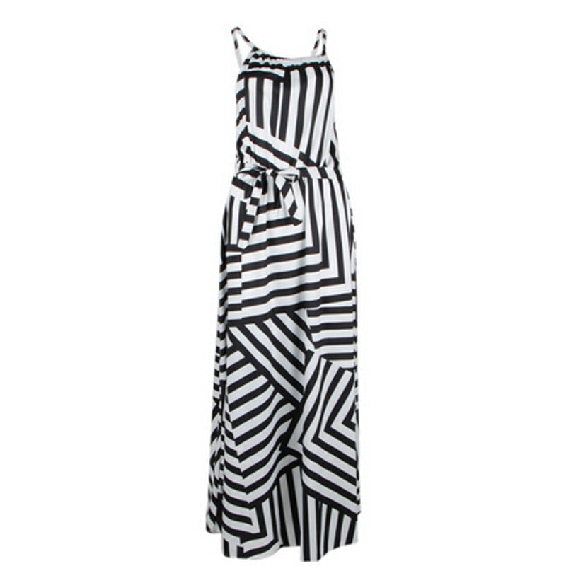 Summer Black & White Geometric Striped Maxi Dress