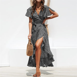 Summer Beach Maxi Wrap Dress with Boho Floral Print