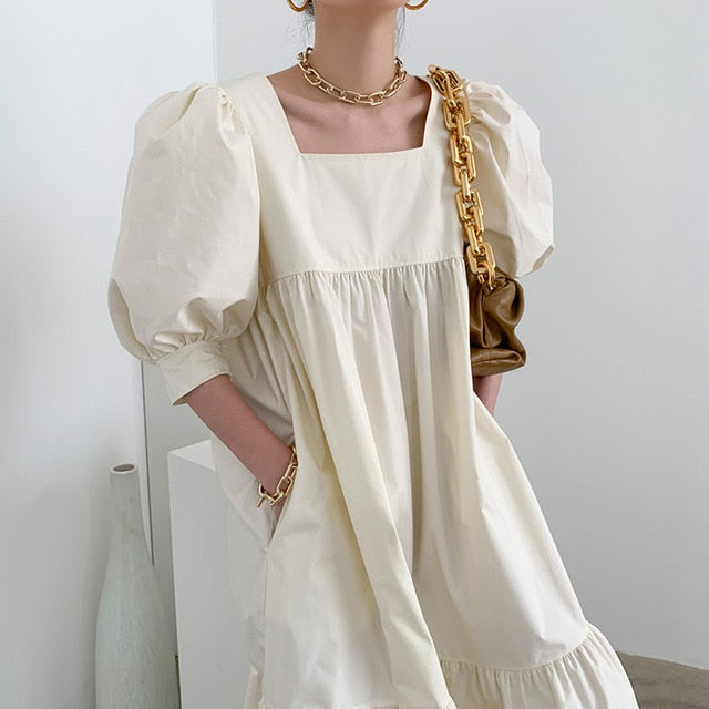 Summer Vintage Loose High Waist & Puff Sleeve Dress